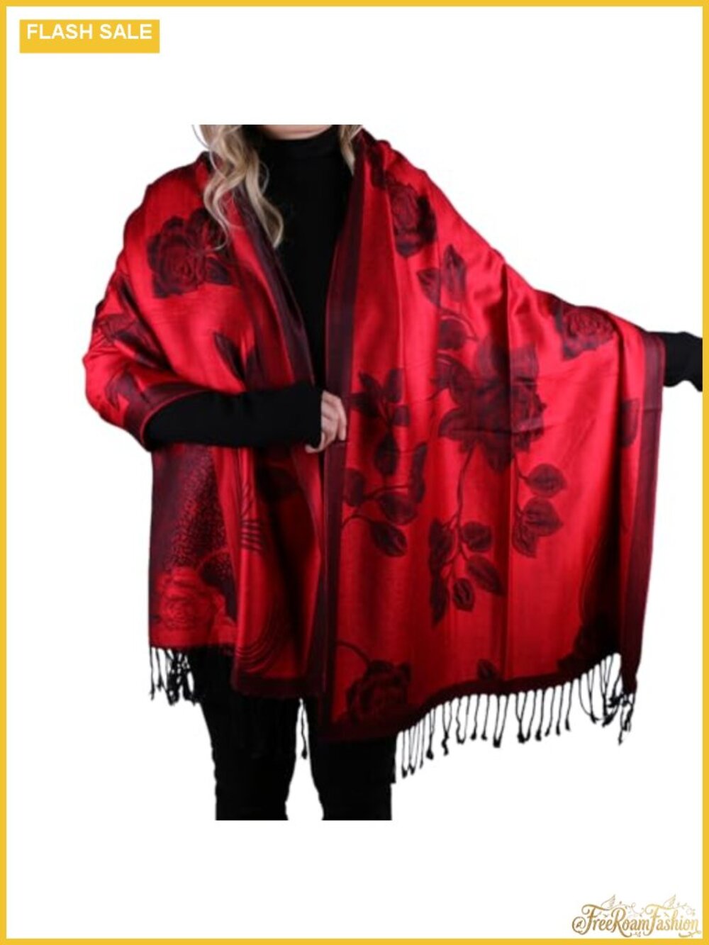 Soft Silky Acrylic Floral Rose Shawl Wrap Scarf with Fringes